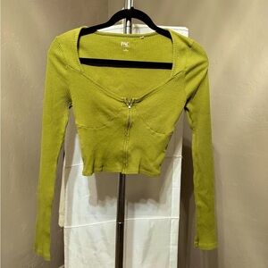Pac Cares Long Sleeve Sweetheart Neck Ribbed Olive Green Crop Top Size M, Zipper